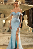 Off The Shoulder Blue Mermaid Corset Sequin Prom Dress With Slit