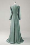 Eucalyptus Satin Round Neck Modest Bridesmaid Dress with Long Sleeves