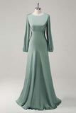 Eucalyptus Satin Round Neck Modest Bridesmaid Dress with Long Sleeves