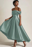 Off the Shoulder A Line Tea Length Satin Olive Mother of the Bride Dress