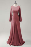 Eucalyptus Satin Round Neck Modest Bridesmaid Dress with Long Sleeves
