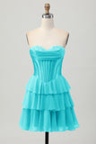 Fuchsia Corset Tiered A Line Strapless Homecoming Dress