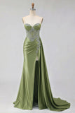 Sweetheart Mermaid Mint Green Beaded Satin Prom Dress With Slit