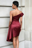 Ruched One Shoulder Tight Burgundy Knee Length Gala Dress