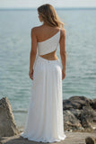 One Shoulder Cut Out Chiffon White Engagement Dress