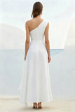 One Shoulder White Pleated Chiffon Formal Dress