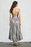 Silver A-Line Pleated Midi Formal Dress with Slit