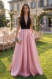 Black and Pink Halter A-Line Maxi Formal Dress