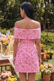 Floral Fuchsia Off the Shoulder A Line Mini Homecoming Dress with Bow