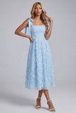 Sky Blue A Line Beaded Bowed Midi Wedding Guest Dress