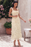 Blue Floral A Line Midi Wedding Guest Dress