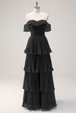 Eucalyptus Tiered A Line Pleated Off the Shoulder Bridesmaid Dress