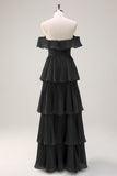 Eucalyptus Tiered A Line Pleated Off the Shoulder Bridesmaid Dress