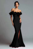 Off The Shoulder Black and Red Mermaid Evening Dress With Ruffles