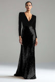 Sparkly Gold and Black Velvet Long Sleeve V-Neck Formal Dress