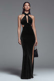 Dark Green Halter Mermaid Cut Out Velvet Formal Dress With Slit