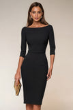 Bodycon Navy Bateau Neck Short Work Dress With 3/4 Sleeves
