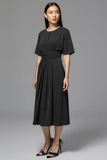 Navy A Line Round Neck Midi Work Dress