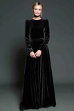 Dark Purple A Line Velvet Long Sleeve Formal Dress