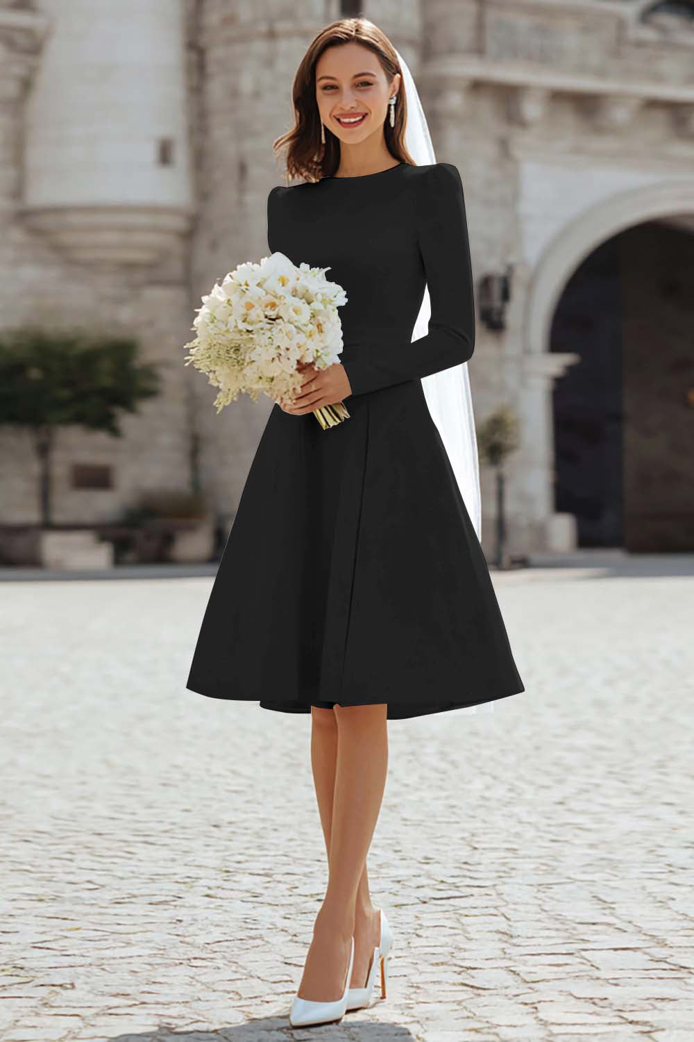 Berylove Women Ivory A-Line Engagement Dress Long Sleeve Bateau Neck Mini Bridal Shower Dress, Black / US22W Berylove Women Ivory A-Line Engagement Dress Long Sleeve Bateau Neck Mini Bridal Shower Dress, Black / US22W