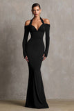 Burgundy Mermaid Halter Formal Dress with Long Sleeves