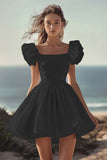 White Puff Sleeve A Line Satin Graduation Dress