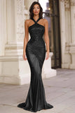 Gold Halter Pleated Mermaid Gala Dress With Sequins