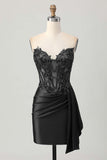 Dark Green Strapless Corset Appliqued Bodycon Homecoming Dress with Streamer