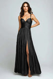 A-Line Silver Pleated Long Formal Dress With Slit