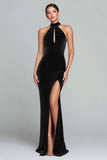Burgundy Velvet Halter Mermaid Formal Dress With Slit