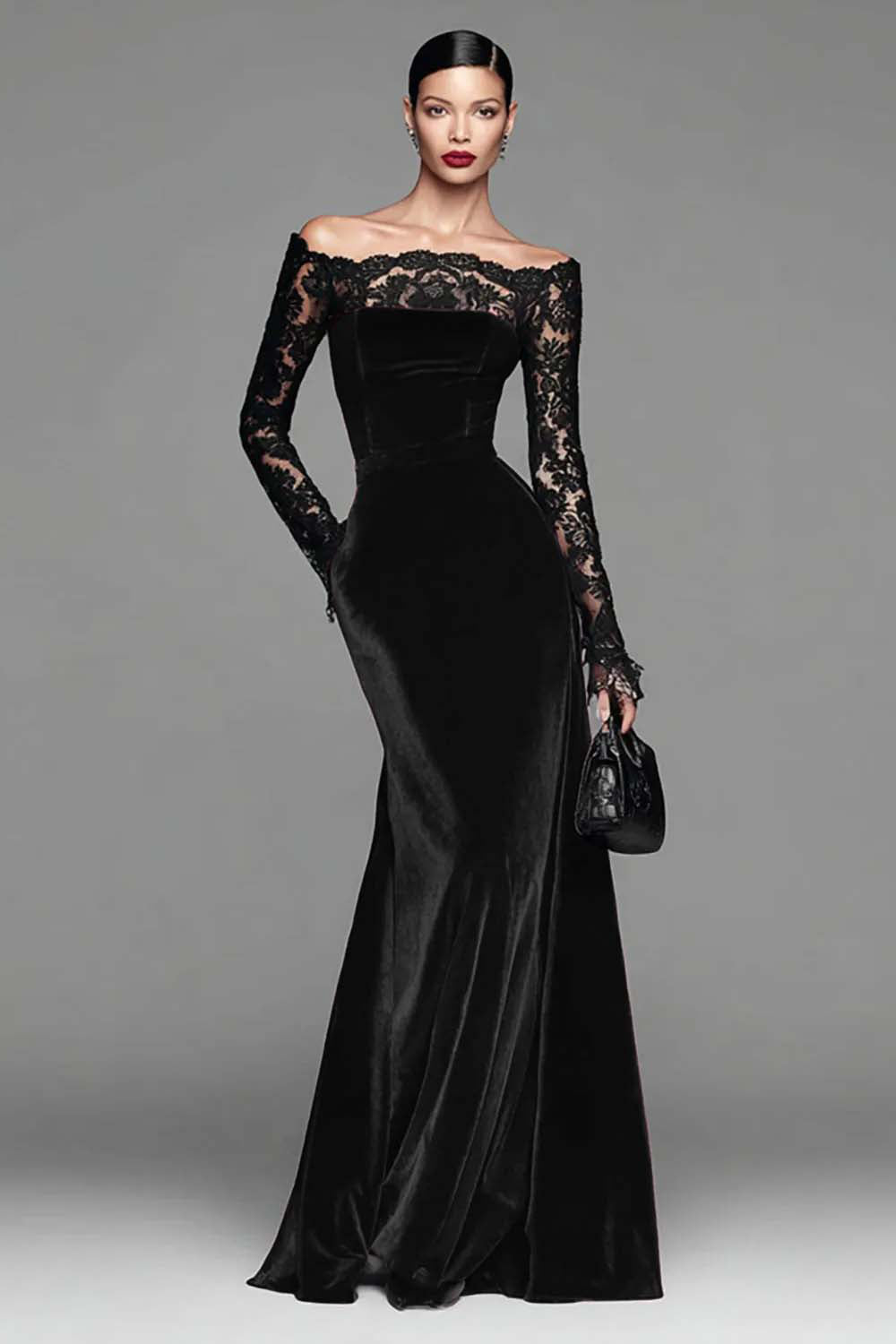 Berylove Women Burgundy Velvet Formal Dress Off The Shoulder Mermaid Evening Dress with Lace Long Sleeves Berylove Women Burgundy Velvet Formal Dress Off The Shoulder Mermaid Evening Dress with Lace Long Sleeves