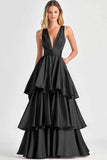 Tiered V Neck Fuchsia A Line Formal Dress