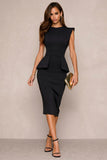 Navy Bodycon Round Neck Midi Work Dress with Slit