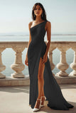 One Shoulder Ivory Ruched Engagement Dress with Slit