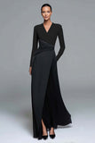 Black and White V-Neck Formal Dress with Long Sleeves