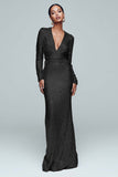 Gold Sheath Long Sleeve Maxi Evening Dress With Sequins
