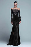 Black and Burgundy Off The Shoulder Mermaid Velvet Formal Dress With Slit