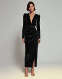 Olive Ruched Sheath Long Sleeve Velvet Formal Dress with Slit