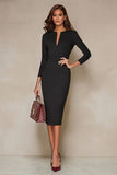 Black Bodycon 3/4 Sleeve Midi Work Dress