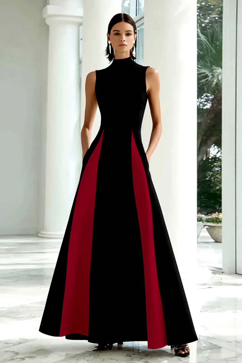 Berylove Women Black and White Formal Dress A-Line High Neck Maxi Evening Dress, Black and Burgundy / US16 Berylove Women Black and White Formal Dress A-Line High Neck Maxi Evening Dress, Black and Burgundy / US16