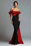 Off The Shoulder Black and Red Mermaid Evening Dress With Ruffles