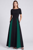 Black and White A Line Short Sleeve Maxi Formal Dress