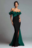 Off The Shoulder Black and Red Mermaid Evening Dress With Ruffles