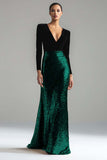 Sparkly Gold and Black Velvet Long Sleeve V-Neck Formal Dress