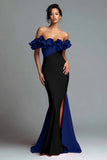 Off The Shoulder Black and Red Mermaid Evening Dress With Ruffles