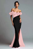Off The Shoulder Black and Red Mermaid Evening Dress With Ruffles