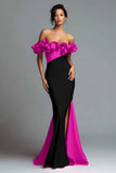 Off The Shoulder Black and Red Mermaid Evening Dress With Ruffles