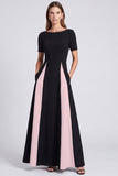 Black and White A Line Short Sleeve Maxi Formal Dress