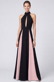 Halter Black and White A Line Maxi Formal Dress