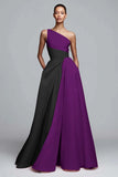 Pink Colorblock A-Line One Shoulder Formal Dress